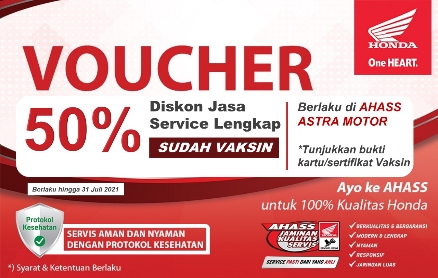 AHASS bengkel resmi Honda memberikan diskon 50% untuk jasa servis lengkap hanya di bulan Juli 2021