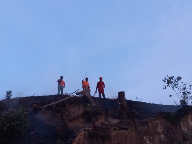 BERUSAHA MEMADAMKAN: Sejumlah personel dari BPBD dan UPTD KPH Nunukan berusaha memadamkan api yang membakar lahan. FOTO: DOK BPBD NUNUKAN