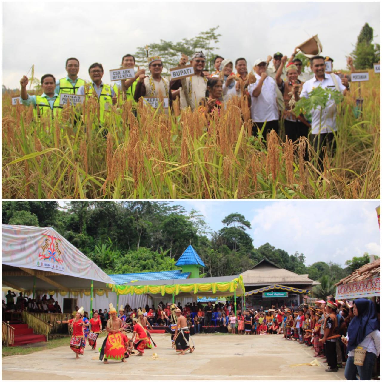 BERJALAN SEIRAMA: Sriwahyuni (tengah), Agung Hasanudin (enam kiri) bersama muspika dan manajemen perusahaan serta tokoh masyarakat akan terus berusaha menggaungkan Desa Budaya Putak sebagai destinasi baru seta ketahanan pangan di Kaltim.