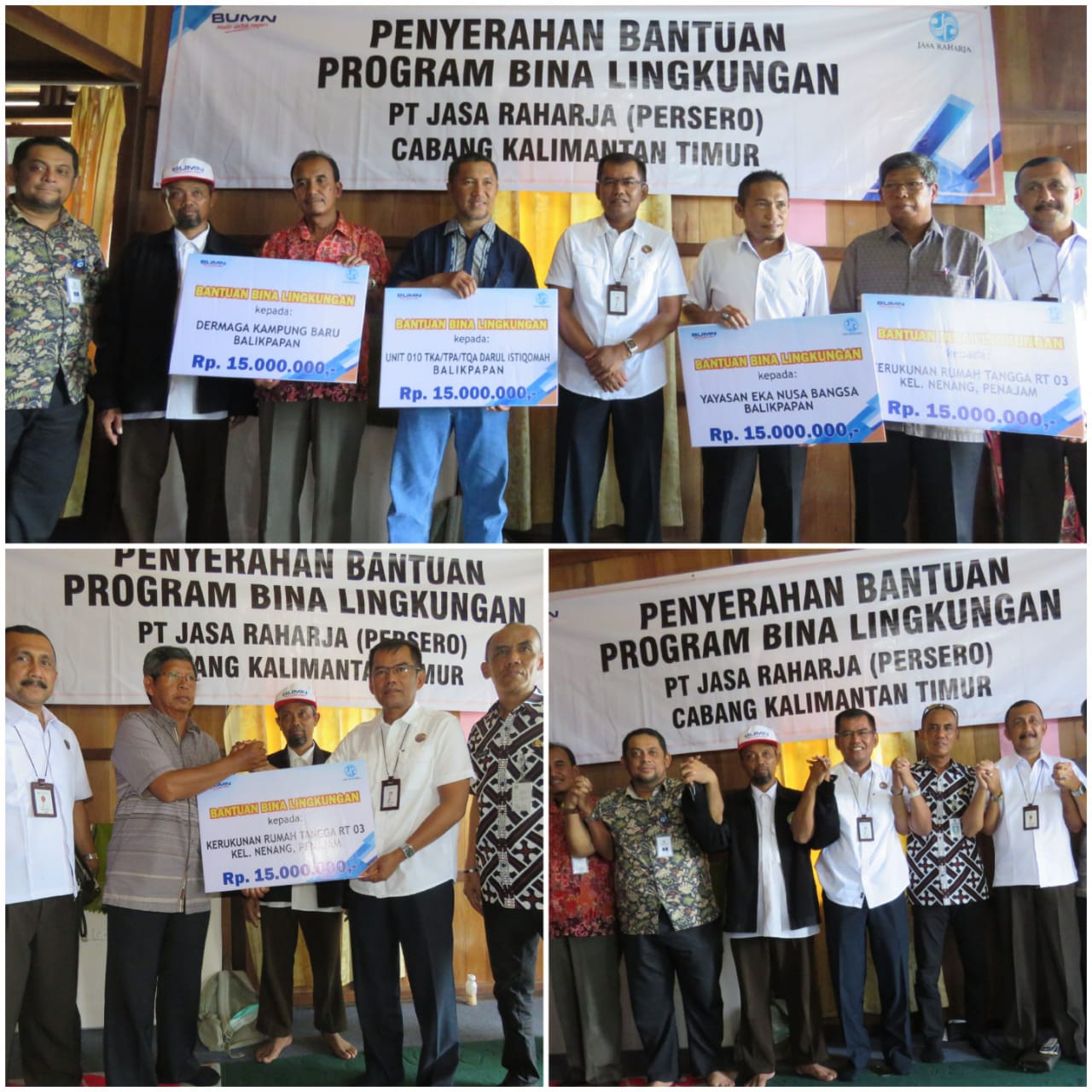 PEDULI LINGKUNGAN: Dasrul Aswad (tengah) serah terima dana bantuan Bina Lingkungan pada empat penerima bantuan di wilayah Balikpapan dan PPU guna menunjang kelengkapan berbagai sarana fasilitas.