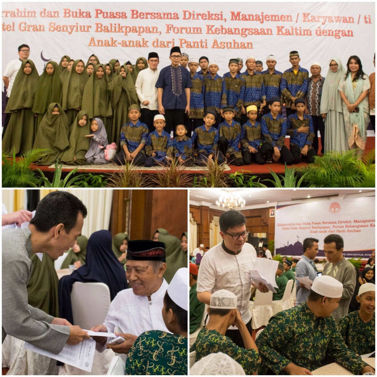 BERBAGI PADA SESAMA: Bagio Soetomo (kanan) bersaja jajaran manajemen dan tamu undangan saat menjamu para ratusan anak yatim dari bebagai panti dalam acara bukber kemarin di Hotel Grand Senyiur Balikpapan.