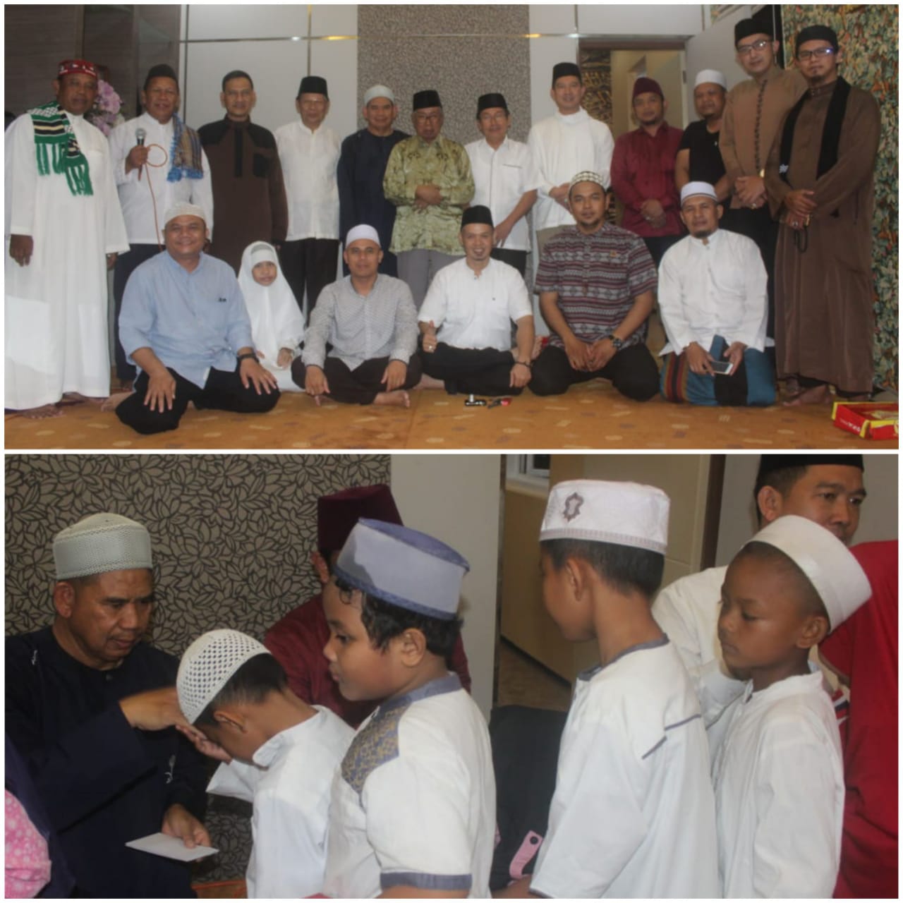 BANTU YANG MEMBUTUHKAN: Rachmadansyah (baju gamis biru) saat memberikan bantunan pada anak yatim dalam momen bukber kemarin. Tampak para anak-anak ini begitu ceria saat menerima THR.