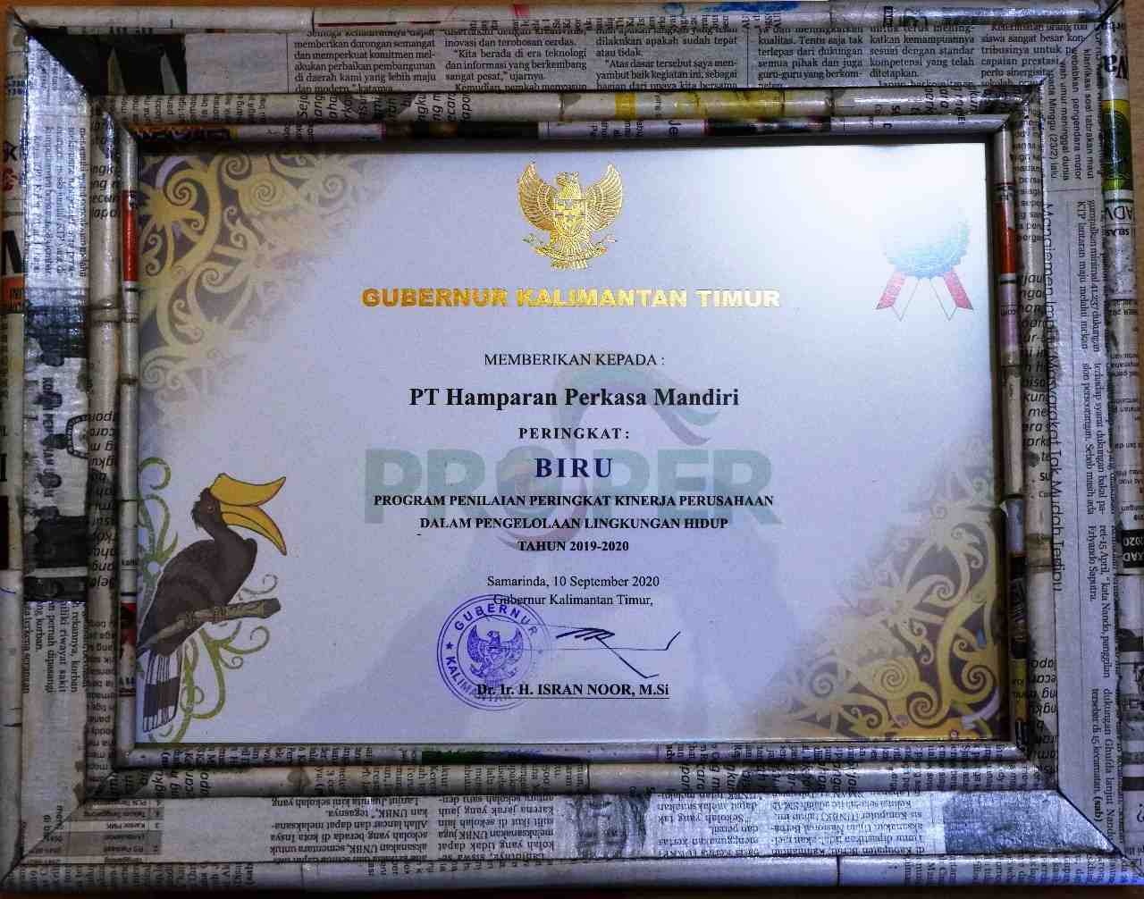 APRESIASI: Inilah sertifikat Proper tingkat Provinsi dengan peringkat biru yang berhasil didapatkan PT HPM.