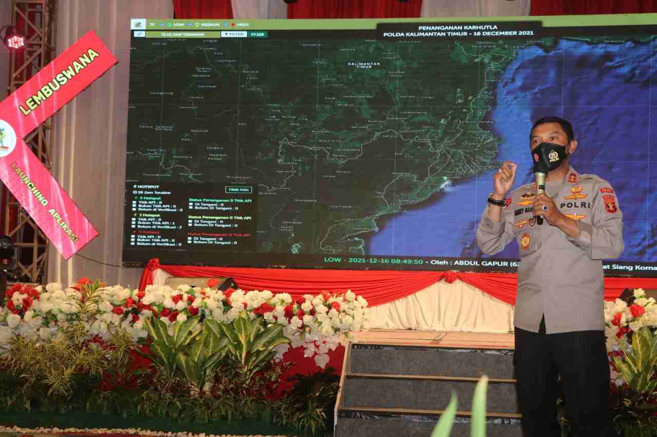 SINERGI ATASI KARHUTLA : Polda Kaltim meluncurkan aplikasi deteksi dini karhuta yang diberi nama LembuSwana di Novotel Hotel, Balikpapan, Kamis (16/12) siang.