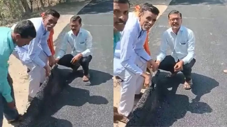 Viral video sejumlah warga India di negara bagian Maharashtra mengangkat aspal jalan pedesaan yang baru saja diperbaiki. (Odditycentral.com )