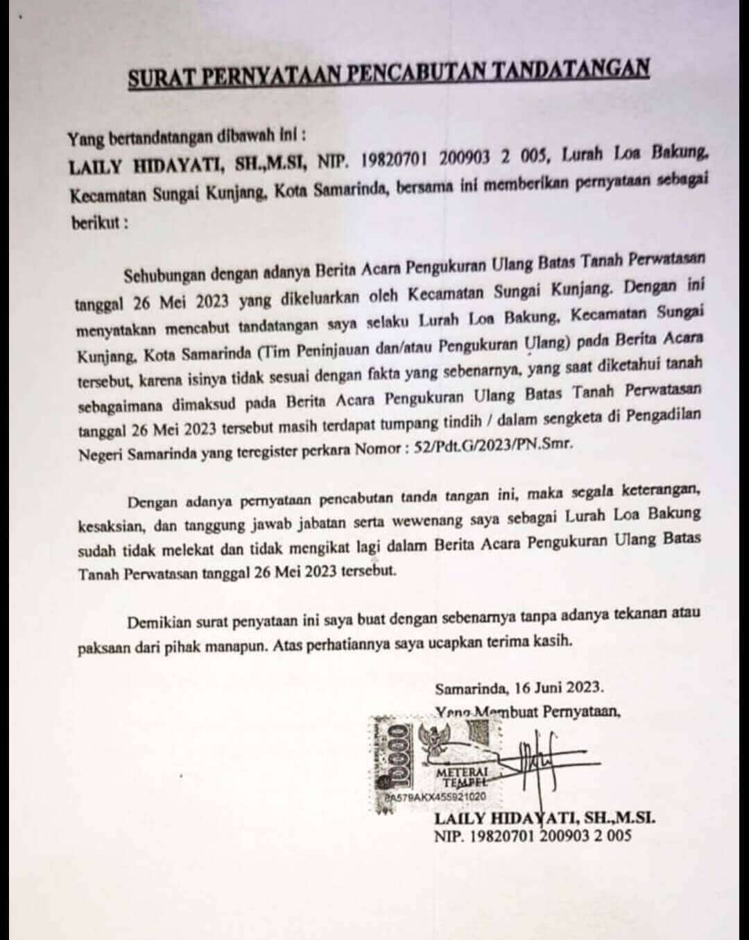 Surat Pernyataan Pencabutan Tandatangan yang Dilaporkan ke Inspektorat Samarinda