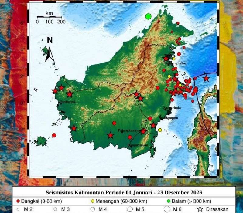 Peta sebaran gempa bumi yang mengguncang Pulau Kalimantan sejak 1 Januari - 23 Desember 2023. Sepanjang tahun ini Pulau Kalimantan diguncang 80 kali gempa.  (Foto : Dokumentasi Stasiun Geofisika Balikpapan)