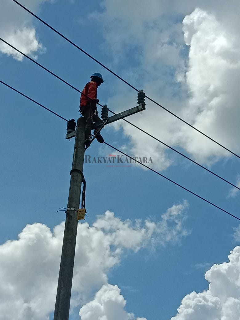 PELAYANAN MAKSIMAL: Petugas PLN saat memperbaiki jaringan aliran listrik.