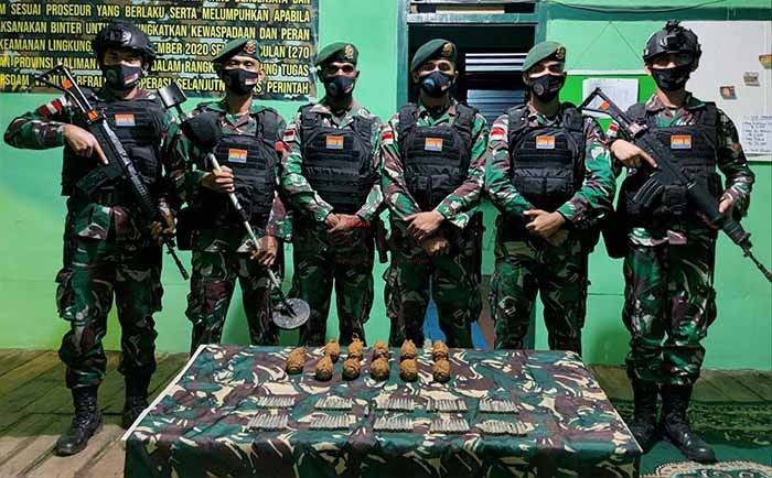 PENEMUAN AMUNISI: Satgas Pamtas RI–Malaysia Batalyon Pertahanan Udara (Yonarhanud) 16/Sula Bhuana Cakti (SBC) menemukan amunisi aktif.