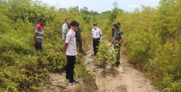 BUKA JALAN BARU: Personel Kodim 0907/TRK dan tim Dinas PUPR Tarakan, meninjau lokasi rencana pembukaan jalan di RT 04, Kelurahan Pantai Amal, Sabtu (9/4).