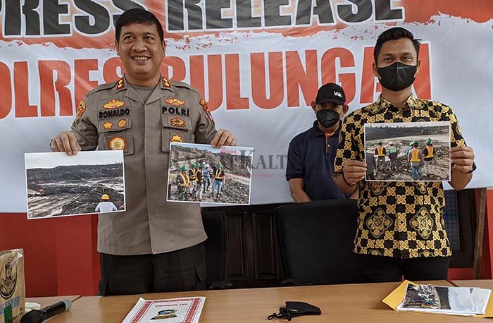 KEJADIAN LONGSOR: Kepala Teknik Tambang berinisial JR (bertopi) ditetapkan tersangka karena terbukti memenuhi unsur menghilangkan nyawa orang lain.