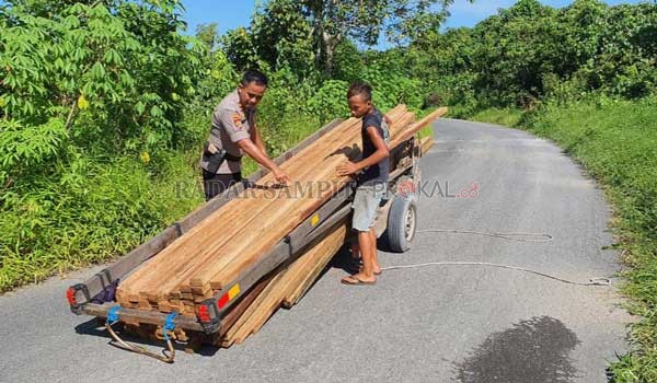 TANPA DOKUMEN: Barang bukti kayu yang merupakan hasil Ilegal Logging dan pengangkutnya saat diamankan di Polsek Kapuas Barat.(ALEXANDER/RADAR SAMPIT)