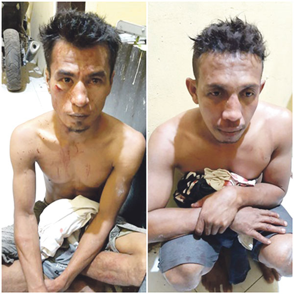 BABAK BELUR ; JI dan BR babak belur usai tertangkap basah warga. Dua petani ini diduga akan melakukan tindak pidana pencurian, pada Minggu (23/2) malam.(POLSEK KUMAI/RADAR PANGKALAN BUN)