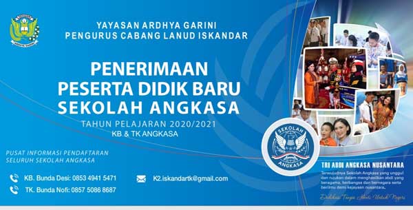BUKA PENDAFTARAN : Kelompok Bermain (KB)  dan Taman Kanak-Kanak (TK) Angkasa Lanud Iskandar di Kabupaten Kotawaringin Barat (Kobar) mulai membuka pendaftaran murid baru. Pendaftaran dibuka dari sekarang sampai bulan Juni 2020 mendatang