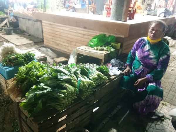BELUM STABIL: Salah seorang pedagang sayur lokal di pasar tradisional Sampit Jalan MT Haryono.(HENY/ RADAR SAMPIT)