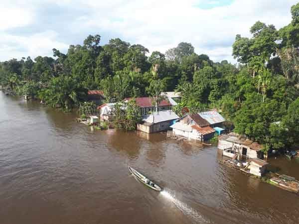 BANJIR LUAPAN SUNGAI  : Pemukiman warga RT 01 Kelurahan Kotawaringin Hilir, Kecamatan Kotawaringin Lama yang paling terdampak banjir.(GUSTI HAMDAN/RADAR PANGKALAN BUN)