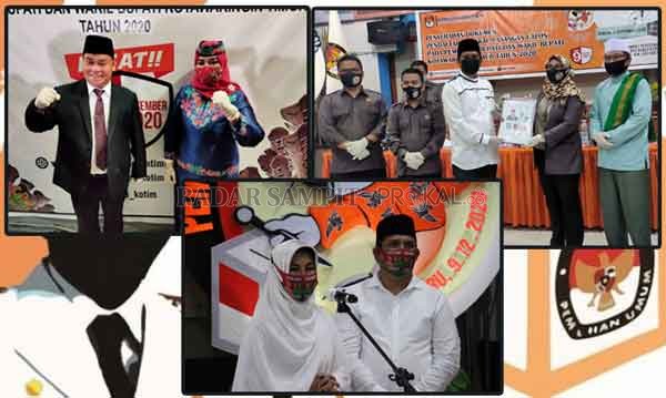 SERAHKAN DOKUMEN - Pasangan Halikinnor-Irawati, Rudini-Samsudin, dan Supriati Rambat- Arsyad saat menyerah dokumen pencalonan kepada Ketua KPU Kotim Siti Fathonah Purnaningsih, Jumat (4/9).(RADAR SAMPIT )