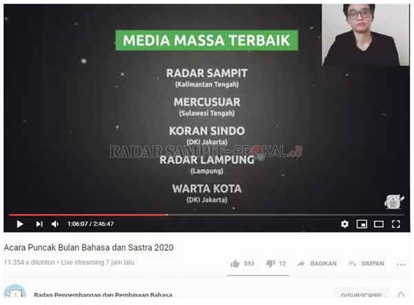 TERBAIK: Cuplikan penghargaan yang diterima Radar Sampit dari Badan Pengembangan dan Pembinaan Bahasa.