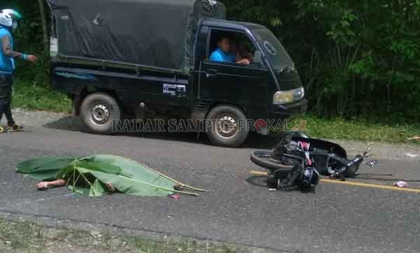 TRAGIS : Jenazah korban lakalantas ketika ditutupi daun, menjelang dievakuasi setelah terlibat tabrakan dengan sebuah truk di Jalan Pasar Panas – Tamiang Layang, Barito Timur, baru-baru tadi.(istimewa)