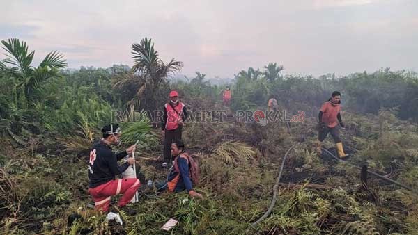 MELELAHKAN: Petugas berjuang memadamkan kebakaran lahan di Kilometer 12 jalan lintas Pangkalan Bun - Kotawaringin Lama, Sabtu (6/3).(      RINDUWAN /RADAR PANGKALAN BUN )         RINDUWAN /RADAR PANGKALAN BUN      MELELAHKAN: Petugas berjuang memadamkan k