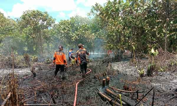 KARHUTLA: Satgas darat dari BPBD dan Manggala melakukan pemadaman karhutla di kawasan Sport Center, RT 19, Desa Pasir Panjang, Kecamatan Arsel, Kabupaten Kobar, Kamis (22/4).(BPBD KOBAR/RADAR PANGKALAN BUN)