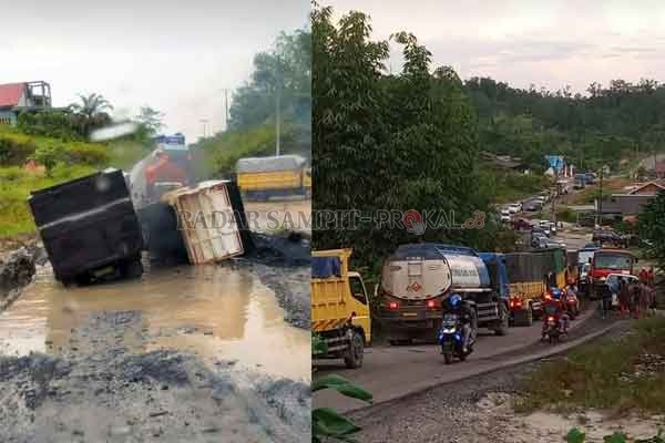 TERPEROSOK: Truk dengan bermuatan berat terperosok di tengah jalan raya, sehingga mengakibatkan antrean panjang di Desa Tanjung Karitak, Kecamatan Sepang, ruas Palangka Raya - Kuala Kurun.(WARGA FOR RADAR SAMPIT)