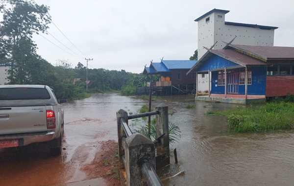 BANJIR: Jalan desa di Tumbang Mujam, Kecamatan Tualan Hulu yang tergenang banjir, Rabu (15/11/2023). (ISTIMEWA/RADAR SAMPIT)