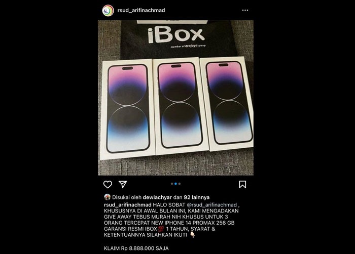 Postingan akun IG RSUD Arifin Achmad yang dibajak orang tak bertanggung jawab.