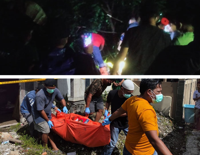 Foto Atas: Proses evakuasi mayat yang ditemukan di Kecamatan Tuah Madani. Foto 2: Polisi bersama warga mengevakuasi mayat yang ditemukan tergantung di Kecamatan Marpoyan Damai, Jumat (5/1/2024).