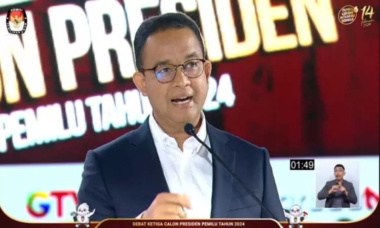 Anies Baswedan dalam Debat Capres ke-3 dengan tema pertahanan, keamanan, hubungan internasional, globalisasi, geopolitik, dan politik luar negeri. )