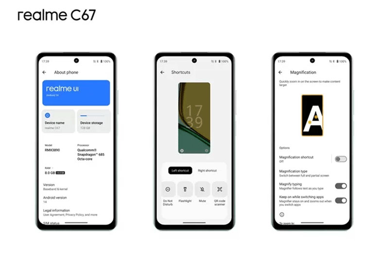 Android 14 di Realme C67. (