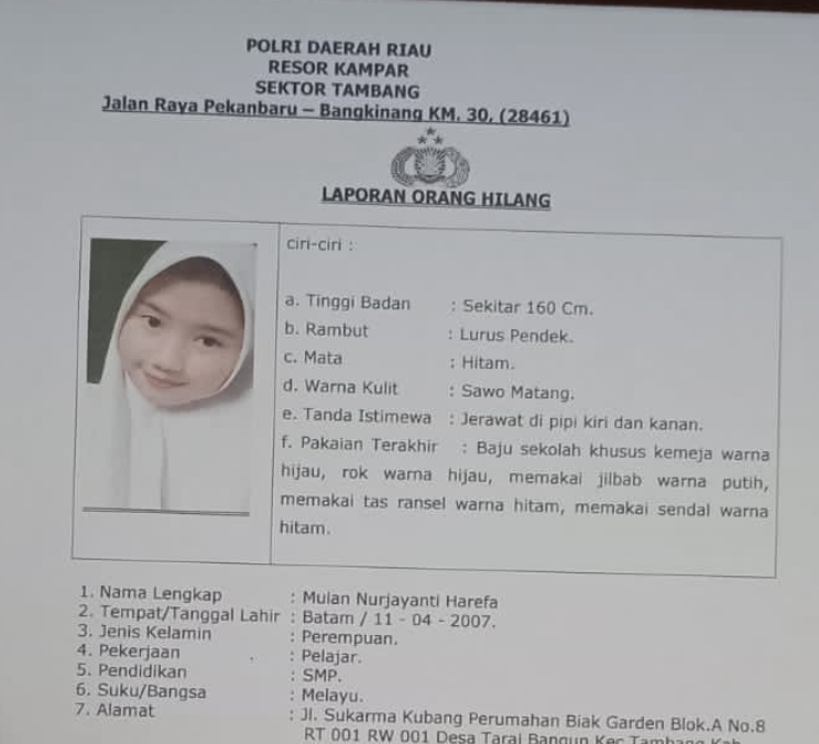 Tangkapan layar surat laporan kehilangan orang dari Polsek Tambang, Kabupaten Kampar.