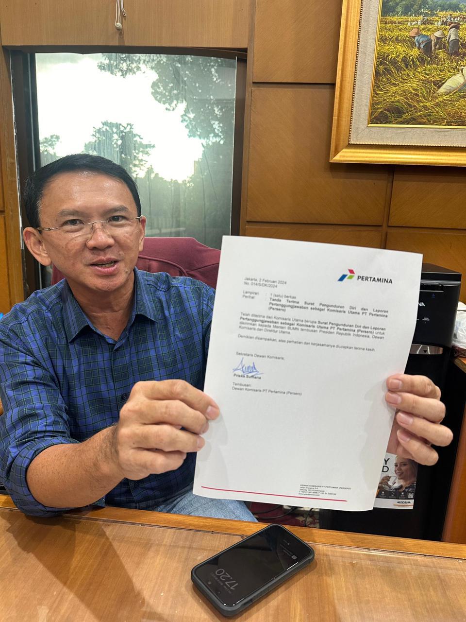 Komisaris Utama PT Pertamina Basuki Thahaja Purnama alias Ahok memperlihatkan surat pengunduran dirinya dalam unggahan di akun X miliknya, Jumat (2/2/2024) pukul 18:59 WIB.