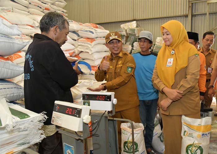 Wakil Bupati Bengkalis Bagus Santoso bersama Kepala Dinas Ketahanan Pangan Bengkalis Susi Hartati mengecek stok beras di Gudang Bulog Bengkalis, Senin (5/2/2024).