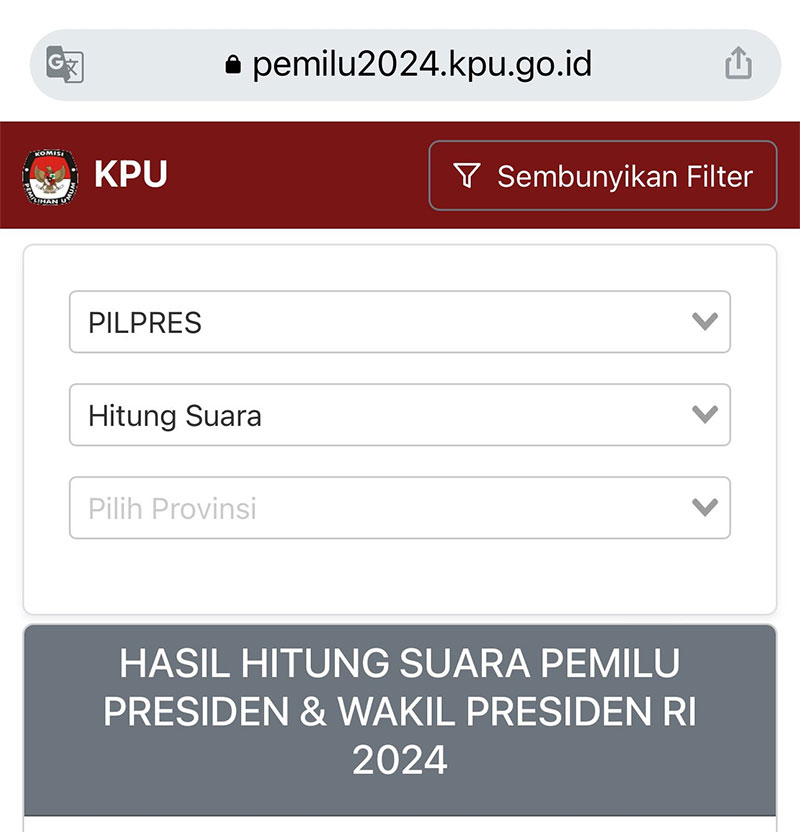 Tangkapan layar laman website pemilu2024.kpu.go.id.