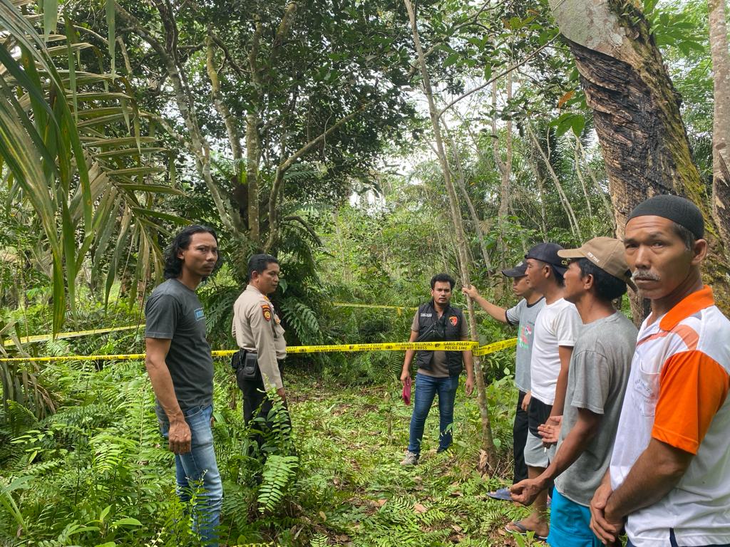 Tim penyidik Polsek Pangkalan Kuras memasang police line di lokasi korban Wagino ditemukan gantung diri di pohon rambutan, Desa Sidomukti Kecamatan Pangkalan Kuras, Kamis (15/2) siang lalu.