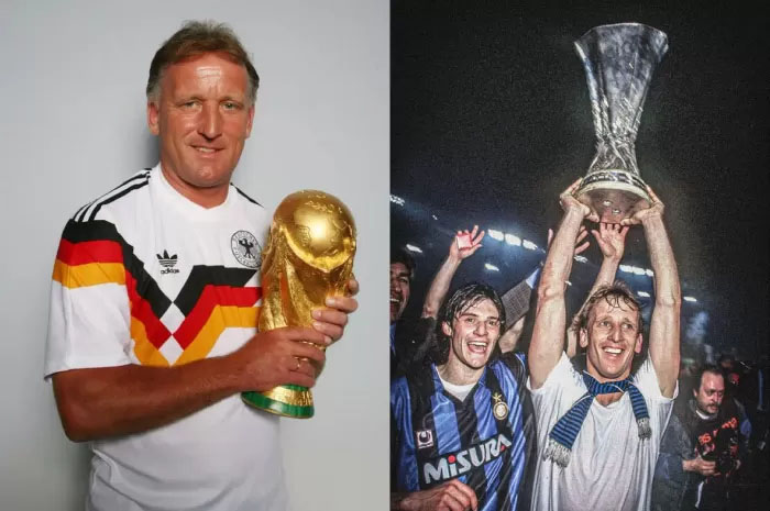 Legenda sepak bola Jerman Andreas Brehme saat menjuarai Piala Dunia 1990, dan juara Piala UEFA bersama Inter Milan.