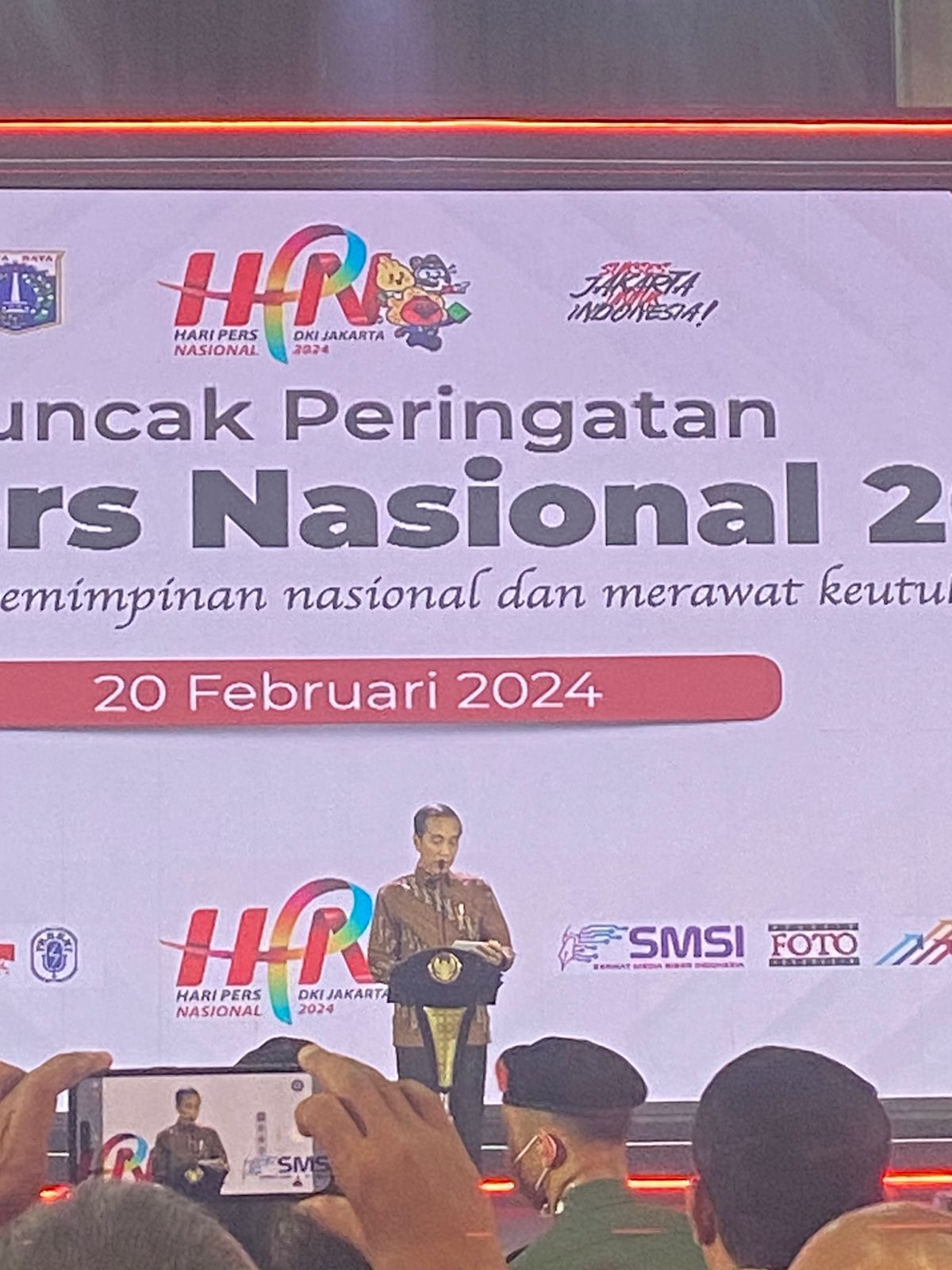 Presiden Joko Widodo di hadapan para pimpinan perusahaan media dan organisasi jurnalis pada puncak peringatan Hari Pers Nasional di Ancol, Jakarta.