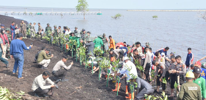 Jajaran Kodim 0303/Bengkalis  bersama pelajar dan masyarakat menanam mangrove di Pantai Lapangan Bola, Desa Deluk Kecamatan Bantan, Bengkalis, Rabu (21/2/2024).