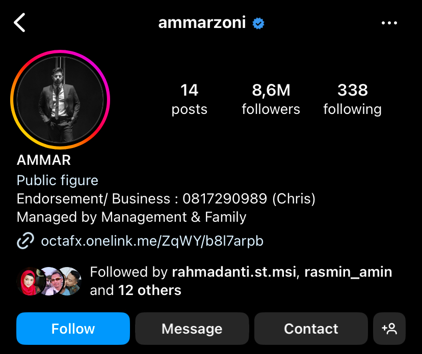 Akun Instagram Ammar Zoni dengan jumlah Followers 8,6 juta dijual dengan harga Rp2 M.