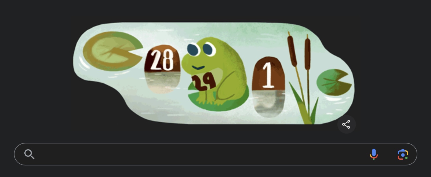 Tangkapan layar Google Doodle tampilkan gambar kodok hijau memperingati tahun kabisat 2024, Kamis (29/2/2024).