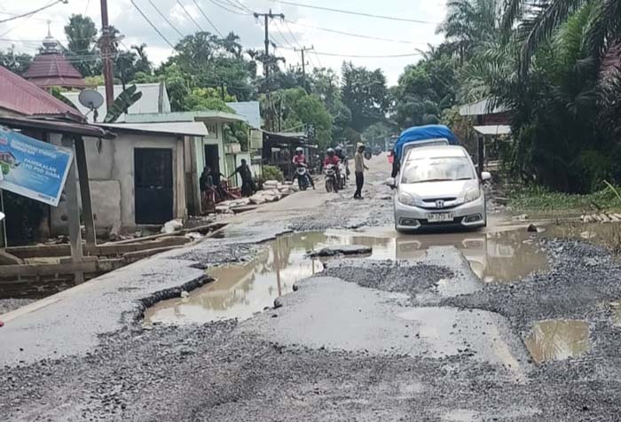 Jalan Lintas Rengat-Tembilahan di Desa Sungai Raya, Kecamatan Rengat, Kabupaten Indragiri Hulu menyisakan lubang menganga dan genangan air usai dilanda banjir, Kamis (29/2/2024).