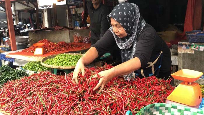 Pedagang menyusun cabai merah di kios miliknya di Pasar Tradisional, Jalan Agus Salim, Selasa (5/3/2024). Harga cabai merah masih tinggi di level Rp90 ribu per kilogram