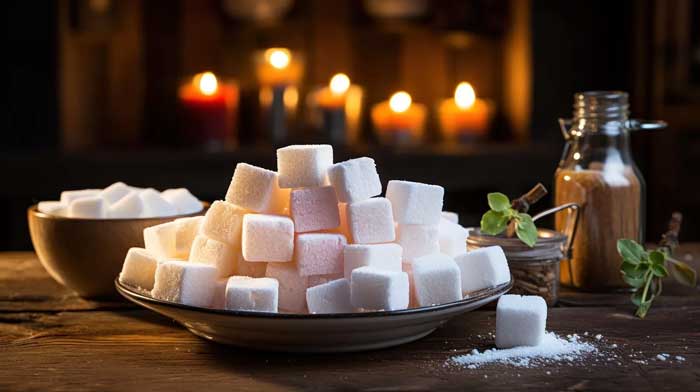 Ilustrasi sugar cubes di atas piring.