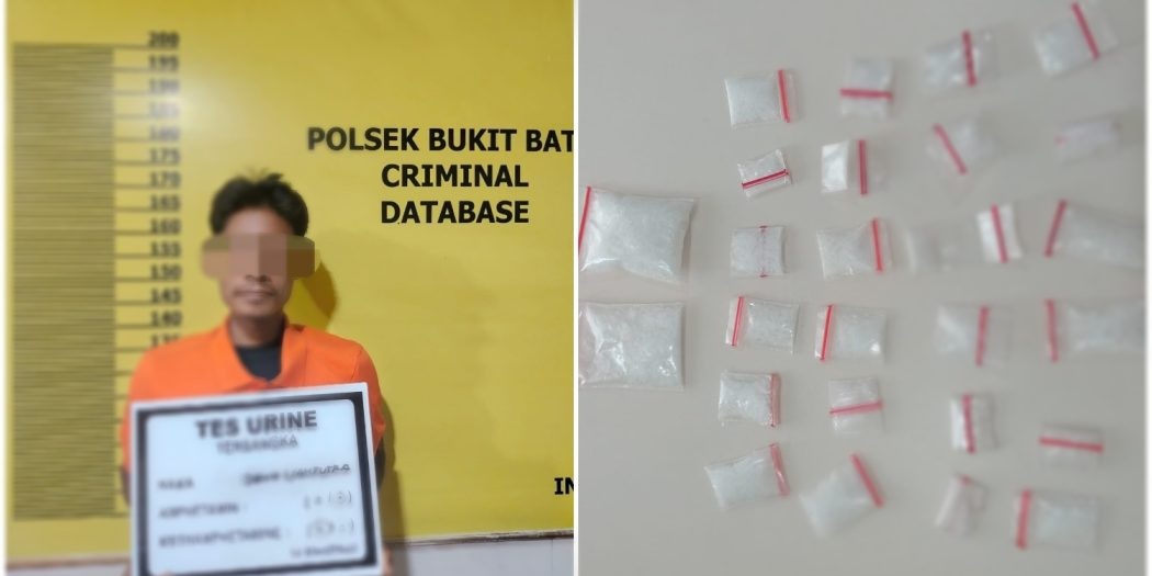 Tim Opsnal Polsek Bukit Batu berhasil mengamankan tersangka DS bersama barang bukti 26 paket kecil sabu di kebun sawit Bukit Kerikil, Kamis (14/3/2024).