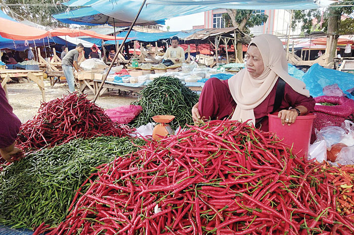Harga cabai di Pasar Inpres Bangkinang Kota sudah mencapai Rp120 ribu per kg, tampak pedagang sedang menjajakan jualannya, Kamis (14/3/2024).