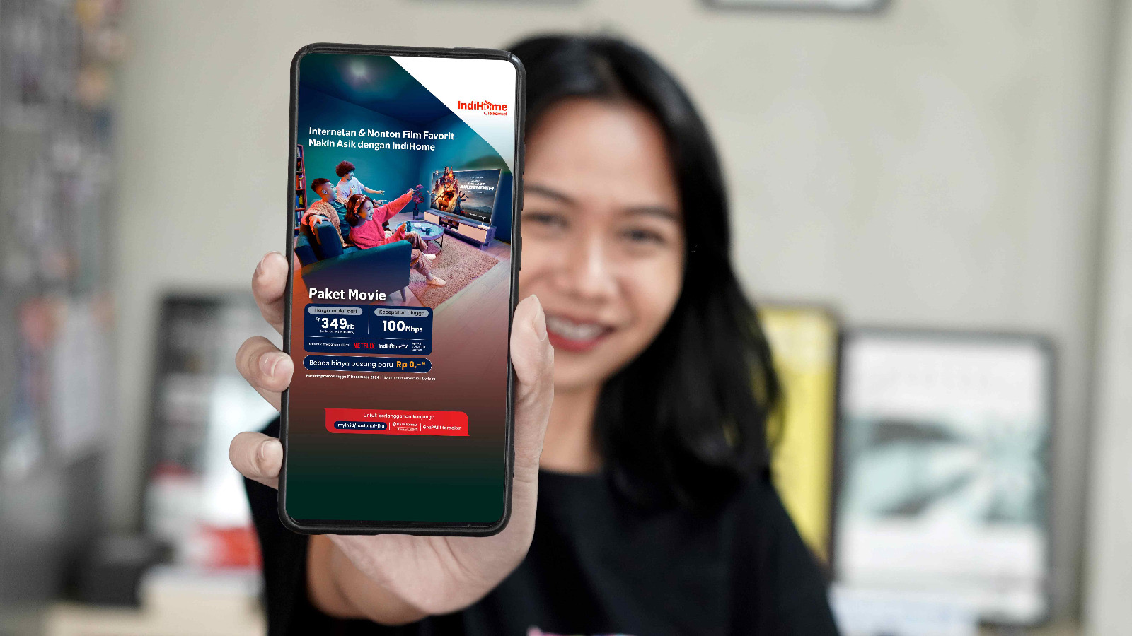 IndiHome Paket Movie dengan pilihan kecepatan internet dari 30 Mbps hingga 100 Mbps dan akses ke berbagai layanan video streaming, mulai dari Rp349 ribu per bulan melalui aplikasi MyTelkomsel.
