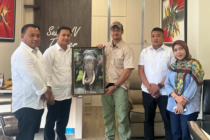 Chicco Jerikho (tengah) menyerahkan foto gajah Rahman kepada Kasubdit IV Ditreskrimsus Kompol Nasruddin (dua kiri) di Mapolda Riau, Pekanbaru, Senin (25/3/2024).