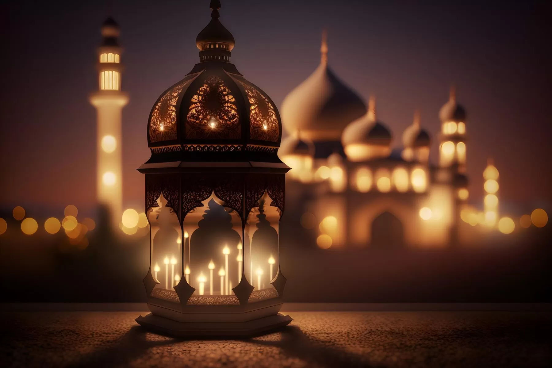 Ilustrasi sebuah lentera Islami dengan masjid di latar belakang.