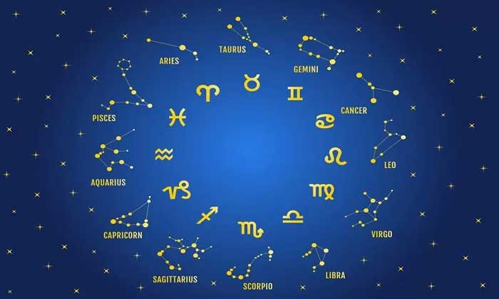 Gold zodiac signs, golden horoscope symbols, stars in blue sky, vector icon set.